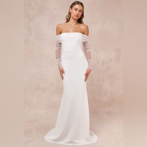 Lulus Beautifully Beloved White Mesh Off-the-Shoulder XS Maxi Dress Wedding